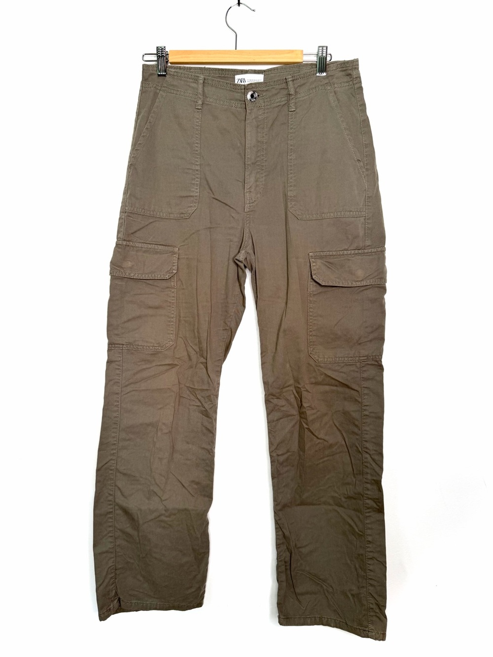 Zara Olive Green Utility Cargo Pants Straight Leg Cotton Twill Size 8